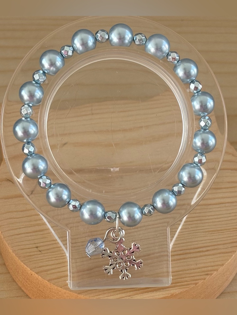 Sky Blue Faux Pearl Snowflake Beaded Bracelet